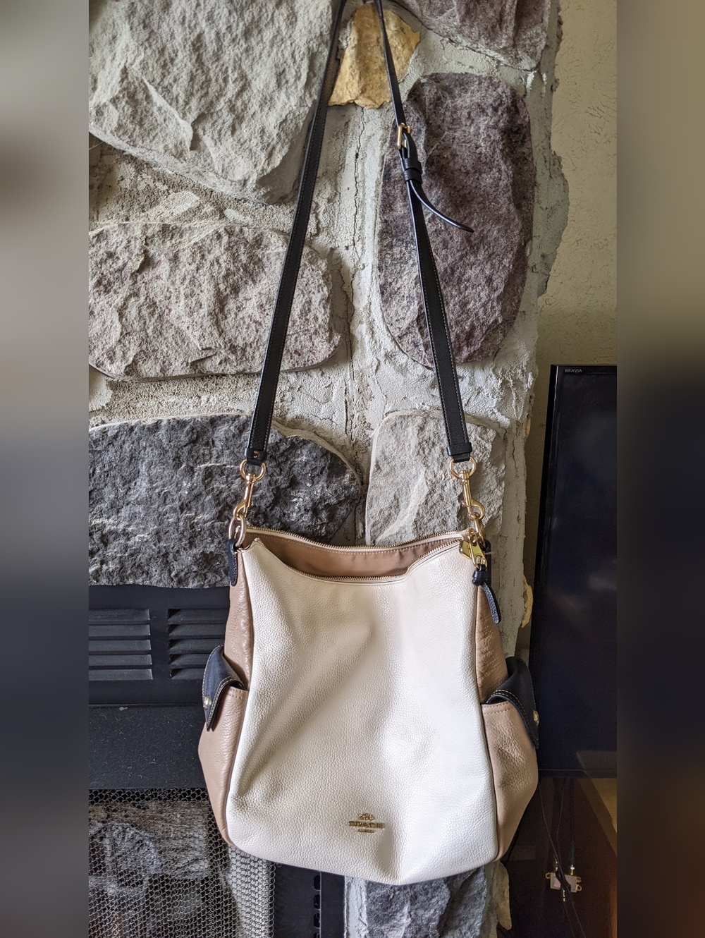 Coach Pennie Colorblock Cream & Tan Leather Shoulder Bag